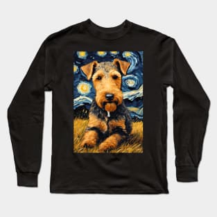 Airedale Terrier Dog Breed Painting in a Van Gogh Starry Night Art Style Long Sleeve T-Shirt